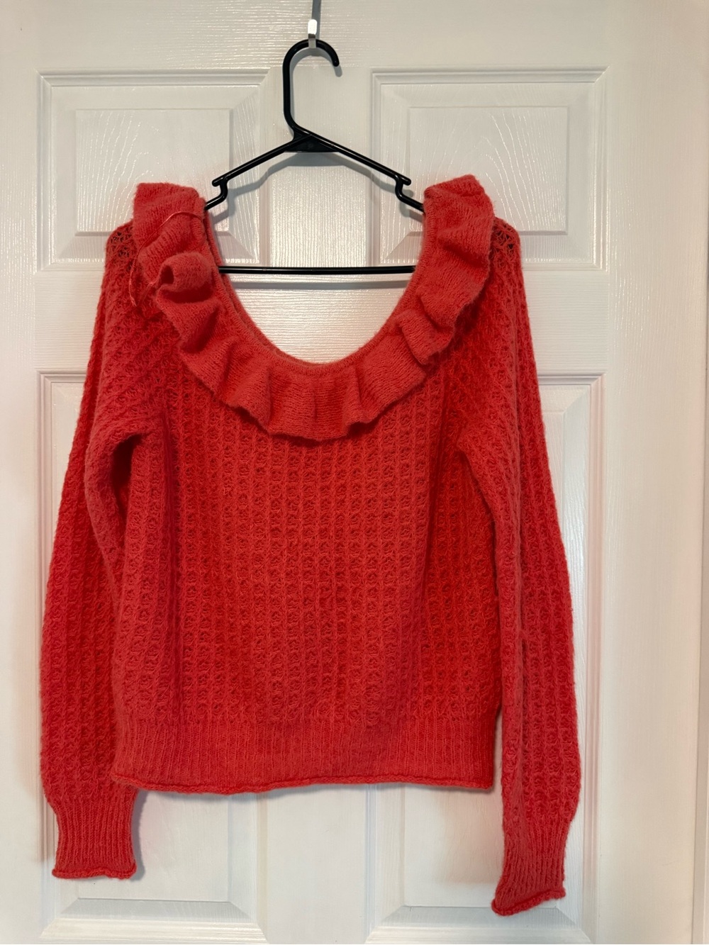 Anthropologie Coral Red Ruffle Scoop-Neck Sweater